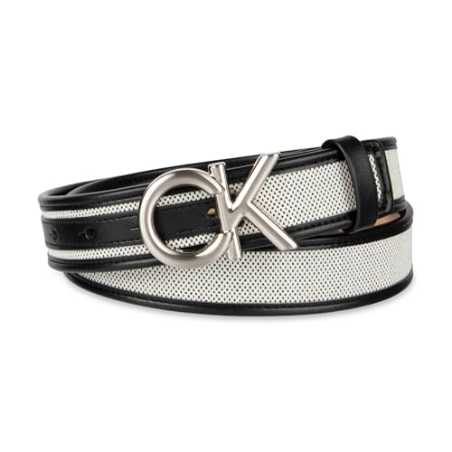 Calvin Klein Women's CK Puff Plaque Logo Woven Textured Casual Belt, Black, Medium