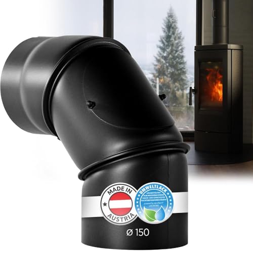 BERTRAMS Ofenrohr 150mm Ø Bogen mit Tür Schwarz | Stahlrohr mit 0-90° Winkel | Feuerrohr aus Stahlblech 2mm | Kaminrohr mit Senotherm UHT-Hydro | Lüftungsrohr, Abgasrohr, Rauchrohr | Made in Austria