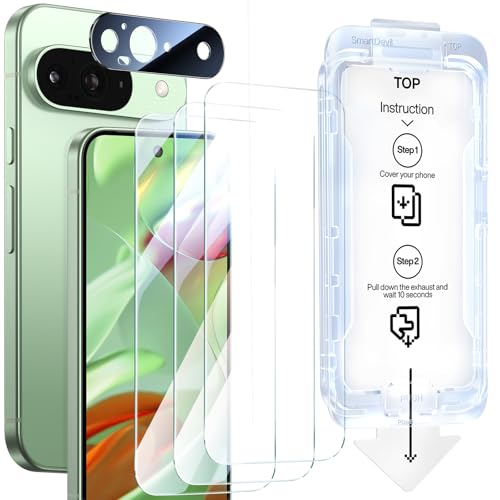 SMARTDEVIL [3+1 Pack] Screen Protector For Google Pixel 9 With Camera Lens Protector , FingerPrint Reader Compatible, Clear 9H Tempered Glass Film, Fast & Easy Installation, Alignment Frame