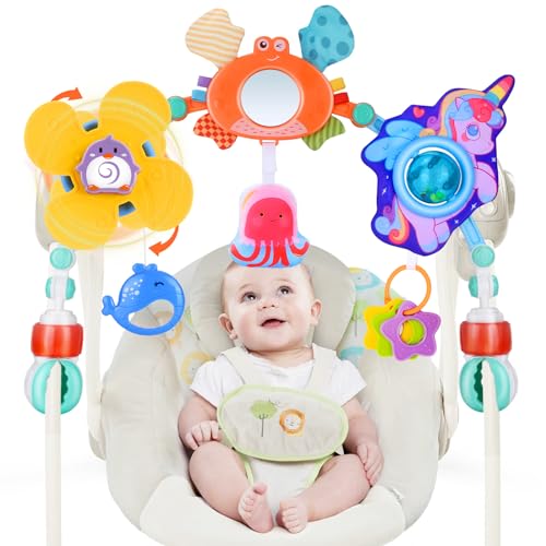 ALBAS ELFIN Baby Stroller Arch Toy, Crib Bouncer Bassinet Toys, Montessori Sensory Travel Infant Car Seat Toys Adjustable Mobile Activity Arch with Play Accessories (Unicorn)