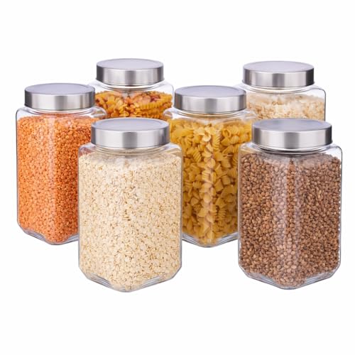 Image of PRAMUKH FASHION Square Shape Glass Jar for Kitchen Masala Storage Ml Set with Airtight Lid Containers Spices Dry Fruits and Pickle Container Pack of (6, Silver 1000Ml Cube)