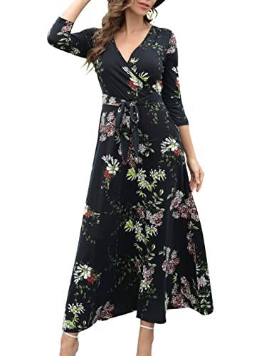 Aphratti Women's Maxi Dresses Summer 3/4 Sleeve V Neck Faux Wrap Flowy Spring Long Floral Maxi Dress