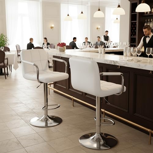 Image of HealSmart Bar Stools Set of 2, Adjustable Swivel Bar Chairs with Cushioned Armrests & Ergonomic Backrest, Water-Resistant PU Leather for Kitchen Island Counter Pub Dining Room, White