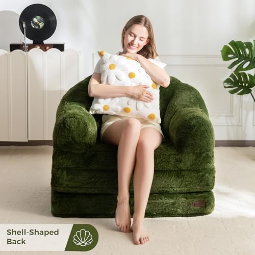 Image of MAXYOYO Folding Sofa Bed, 2 in 1 Convertible Sofa to Lounger Comfy Single Bean Bag Chair for Adults, Floor Couch with Handle, Faux Fur Couch Bed for Living Room Bedroom, Green