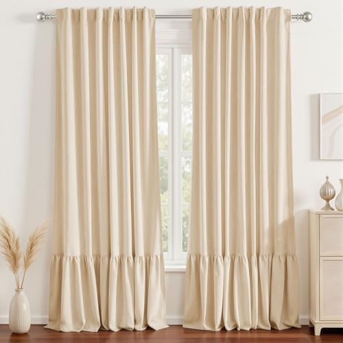 LuxeNook Ruffle 100% Blackout Curtains Double Layer 2 Panels Natural 52x84