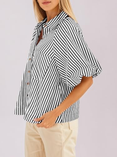 Tankaneo Womens Short Puff Sleeve Button Down Shirts Striped Trendy Casual Loose Fit Blouse V Neck Collared Tops4