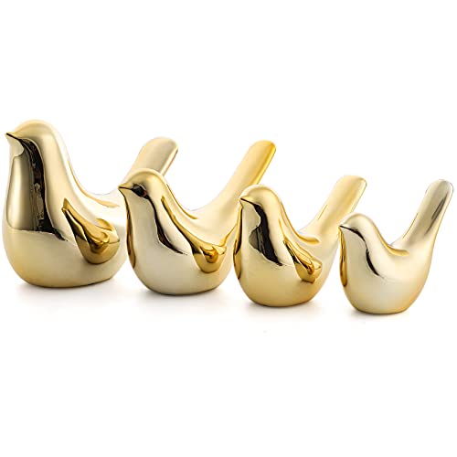 Zoofox Set Of 4 Gold Bird Decor Figurine, Ceramic Small Animal Statues, Home Shelf Decor Furniture Desktop Display For Living Room, Bedroom, Cabinets And Office Desktop (Assorted Sizes) #TOP1