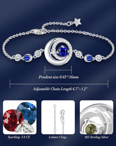 FANCIME Birthstone Bracelets 925 Sterling Silver Moon and Star Bangle Charm Bracelet Fine Jewelry Birthday Anniversary Christmas Day Gift for Her Women, Adjustable Chain 6.7"+1.2" Extend4
