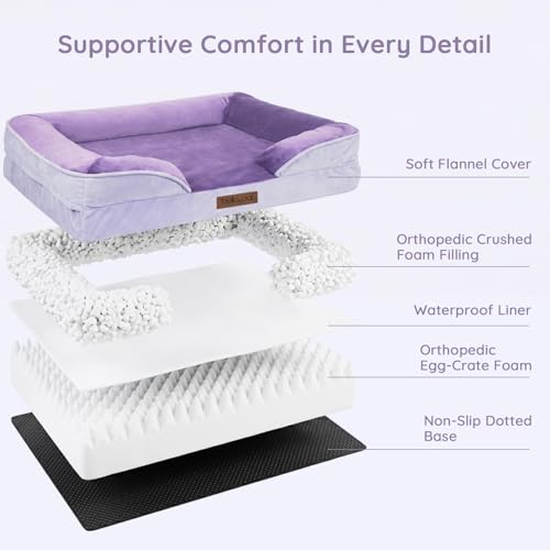 BELLA & PAL Orthopädisches Hundebett, 71x59 cm Ergonomisches Hundesofa für kleine/mittlere Hunde-Ohne Montage, Eierschaum | wasserdichter Einlage | Flanell Abnehmbarer Bezug | Rutschfester Boden, Lila