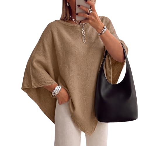 Women Knit Poncho Sweater Cape Boat Neck Batwing Sleeve Shawl Wrap - image 2