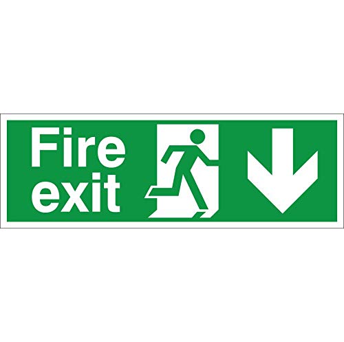 Pack of 2 x Fire Exit Arrow Down Signs 300mm x 100mm - Self Adhesive (FE.06E-SA-PACKOF2)