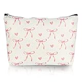 1PCS Pink Coquette Bow Makeup Bag, Cute Makeup Bags, Trendy Preppy Cosmetic Bag Lovely Heart and Bow Make up Pouch with Zipper, Travel Toiletry Bags Gifts for Women Teens Girls, Beige