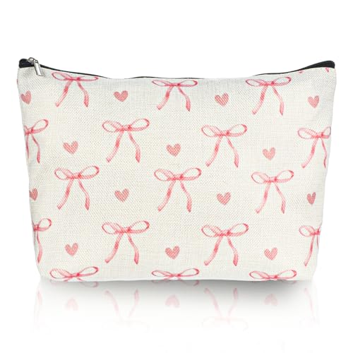 1PCS Pink Coquette Bow Makeup Bag, Cute Makeup Bags, Trendy Preppy Cosmetic Bag Lovely Heart and Bow Make up Pouch with Zipper, Travel Toiletry Bags Gifts for Women Teens Girls, Beige