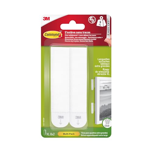 Command Picture X-Large Hanging Strips for Heavy Weight White color 8 pairs/pack | Holds 18 kg. whole pack | Organize | Decoration | No Tools no Drilling | Holds Strongly | Damage-Free Hanging