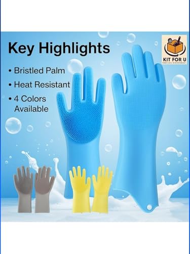 Image of Hand Gloves for Kitchen Cleaning, Dish Washing Silicone Gloves Dishwashing Hands wash utensil for women men, Home essentials Pet Hair Care Grooming, Car, Bathroom (Multicolour, Pack of 1)