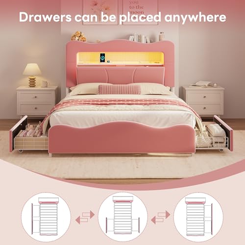 Image of LIKIMIO Full Upholstered LED Bed Frame with 2 Storage Drawers and Bookcase Storage Headboard, Velvet Princess Platform Bed with Charging Station, Heavy Duty Metal Support, No Box Spring Needed, Pink