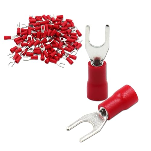 Baomain Fork Spade Terminal Connectors – Insulated, #8 Stud (4.3mm), 22-16 AWG (0.5-1.5mm²), Red, (100-Pack)