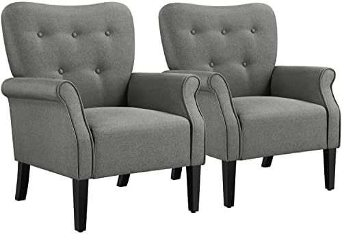 Yaheetech Modern Armchair, Mid Century Accent Chair with Sturdy Wood Legs and High Back for Small Space, Upholstered Fabric Sofa Club Chair for Living Room/Bedroom/Office, Set of 2, Dark Gray