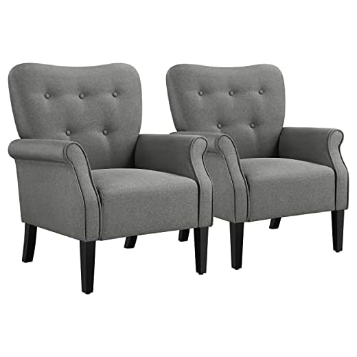 Yaheetech Modern Armchair, Mid Century Accent Chair with Sturdy Wood Legs and High Back for Small Space, Upholstered Fabric Sofa Club Chair for Living Room/Bedroom/Office, Set of 2, Dark Gray