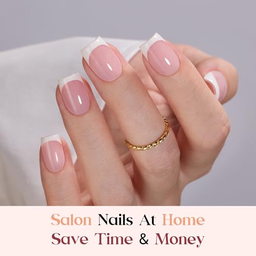 Image of Beetles X Press Plus Gel Nails Kit - Pearl French | Pink Short Square French Tip Press On Nails | 150Pcs 15 Sizes All-in-One Kit with Nail Glue,Remover,Builder Top Coat,Nail Lamp Gift for Women