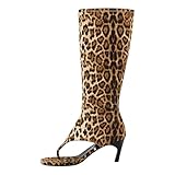 sexytag Women's Peep toe Booties Thong Sandals Leapord Kitten Low Heel Open Toe Knee High Boots Side Zipper Stretch Tall Sandal Boots Leopard Size 7
