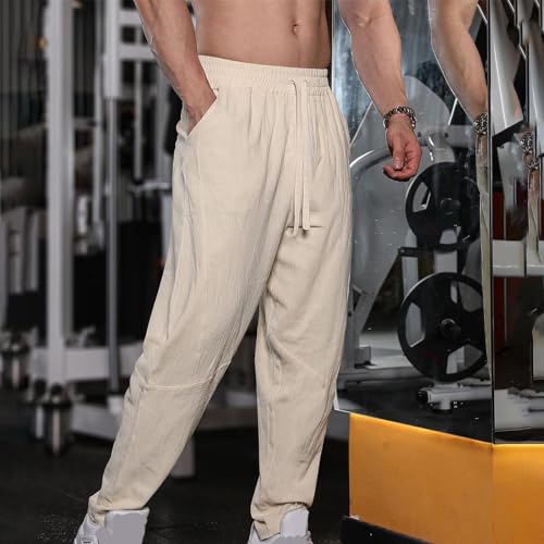 Calça masculina de algodão e linho com cordão na cintura elástica solta perna reta calças de verão l