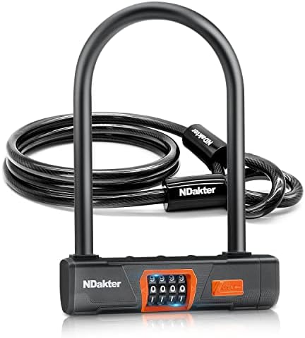 NDakter U Lock with Cable, 14.6mm Heavy Duty Bike Locks and 12mm x1.5m Cable, 4-Digit Resettable Combination Bike U Lock, Bicycle Lock for Electric Bike, Bike, Electric Scooter, Motorcycle, Gate, Door