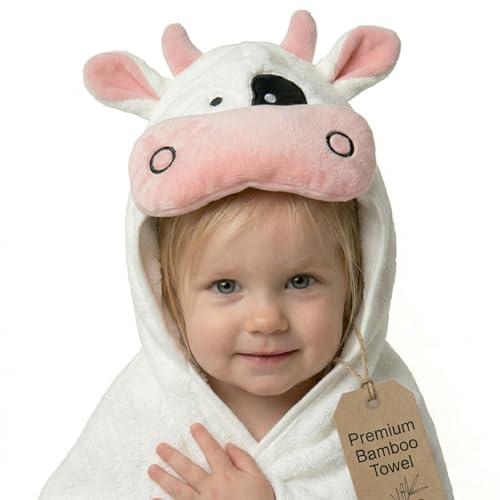 Image of POCASOPA Hooded Towel with Cute Cow Design - Rayon Made from Bamboo Baby - Ultra Soft, Absorbent & Hypoallergenic - Large 35x35” Organic Towel for Newborns, Toddlers & Kids