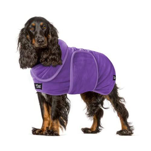 Tuff Pupper Fast Drying Dog Bath Robe | 800 GSM Plush Dog Towel Bathrobe/Dressing Gown | Super Absorbent Pet/Puppy Bathrobe | Adjustable Hood & Belly Strap | Super Soft | Fast Drying (M, Purple)