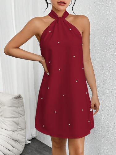 Image of Floerns Women's Pearl Beaded Halter Twist Sleeveless Tie Back Dress A Line Dress