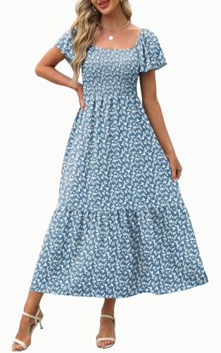 Image of OFEEFAN Summer Dresses for Women Square Neck Ruffle Sleeve Smocked Maxi Dress with Pockets