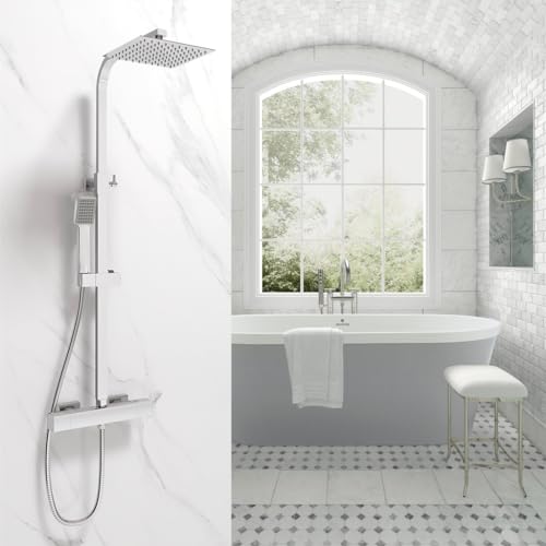 Colonna Doccia, OCEAN ITALY, Doccia Rubinetteria con Miscelatore Termostatico, Asta Regolabile73-115cm, Soffione Doccia Quadrato 20x20cm Acciaio Inox con Rubinetto Quadrato 280x40mm per Box Doccia