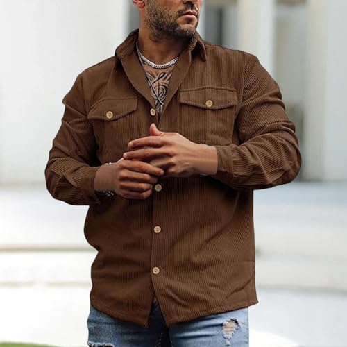 Mens Corduroy Button Down Jackets Casual Long Sleeve Fashion Retro Textured Tops Ribbed Work Outwear Coat with Pockets3
