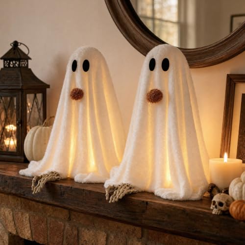 Image of Halloween Decorations-2 Pack Light-Up Sherpa Ghosts with Pumpkin