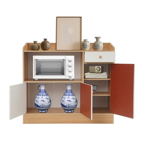 QUIOTUIR - Mueble de almacenamiento de pie con puerta y cajón, asas redondas, aparador de comedor para guardar cuencos, platos, especias, encajetas, bebidas, hervidores, 90 x 30 x 80 cm (madera de