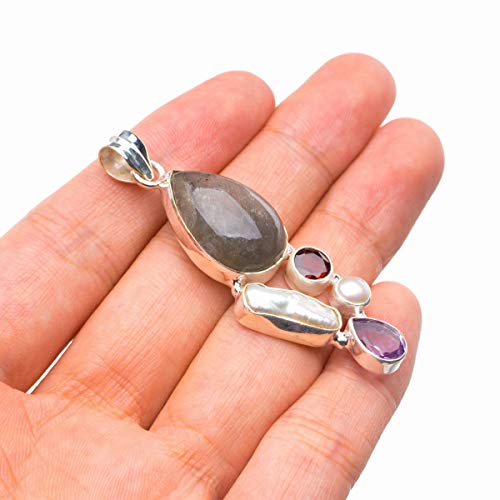Pendentif labradorite feu bleu grenat am&eacute;thyste perle argent 925 - 3