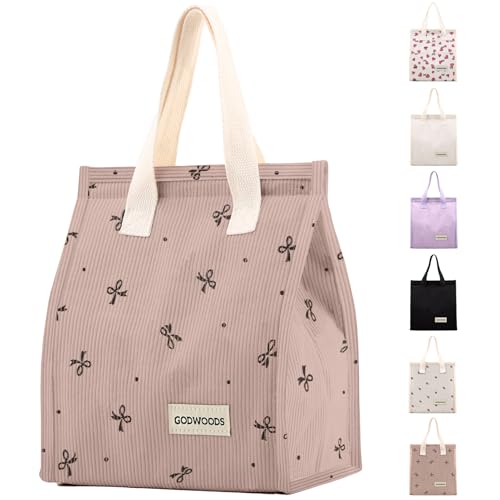 TELLUMO Corduroy Insulated Lunch Bag, 7.75L Large Capacity Reusable Lunch Box, Cute Lunch Tote for Women Men, Leakproof Lunch Cooler for Work Picnic Travel (Corduroy Pinkbow)