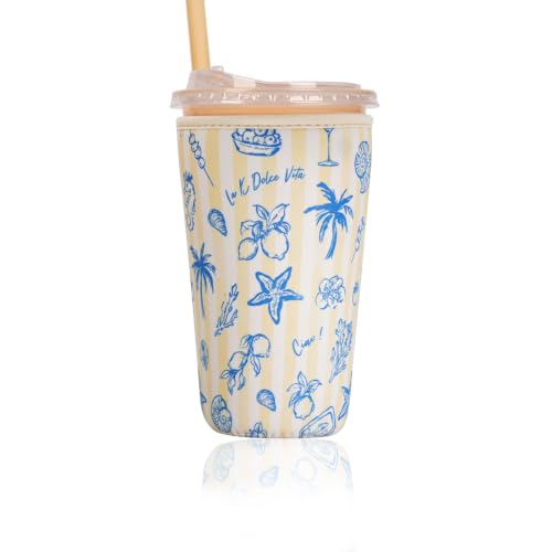 Image of Reusable Insulated Sleeve for Iced Coffee Cup, Coffee Neoprene Sleeve for Cold & Hot Drinks, Beverage Holder for Iced Coffee (Coastal Blue, Large: 32oz)