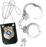 LINYIJOY Handschellen Kinder Polizei Zubehör Set, Polizeimarke Abzeichen Polizei Handschellen, Kinder Polizei Set Handschellen Set, Polizeiabzeichen Accessoires für Cosplay Kostüm Spielzeug