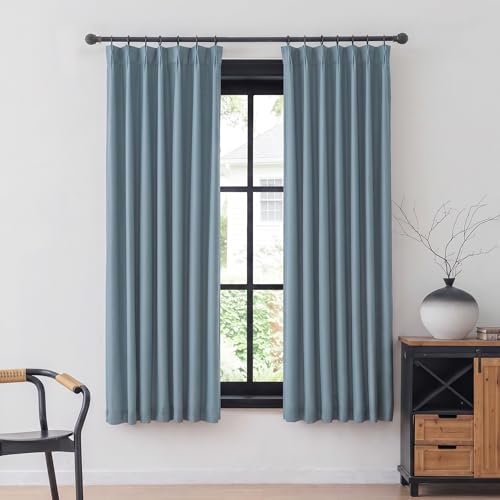Image of MYSKY HOME Dusty Blue Full Black Out Pinch Pleated Curtains 63 inches Long for Bedroom Linen Textured with Blackout Liners Blue Gray Thermal Insulating Pleat Drapes, 40 inch Wide per Panel, 2 Pcs