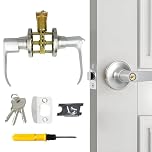 Plumaire Door Handle Lock with Keys, Security Door Lock Set, Reversible Doors Handles, Bedroom Doors Locks, Security Locks Set, with Screwdriver, for Bedroom, Bathroom, Kitchen, Office, Silver