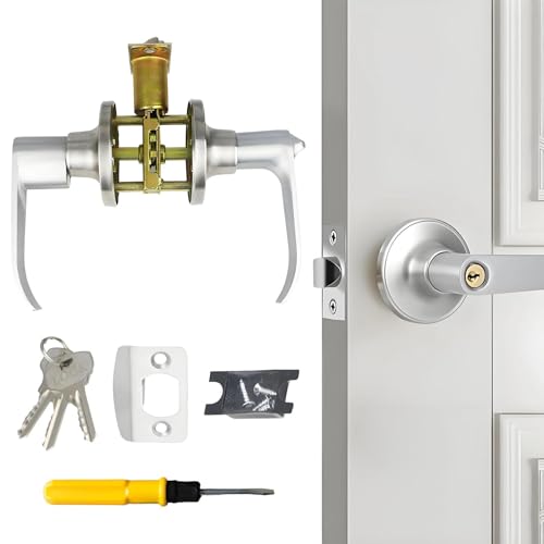 Image of Plumaire Door Handle Lock with Keys, Security Door Lock Set, Reversible Doors Handles, Bedroom Doors Locks, Security Locks Set, with Screwdriver, for Bedroom, Bathroom, Kitchen, Office, Silver