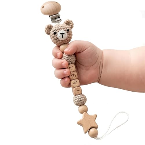Crochet Animal Pacifier Clip with Name – Custom Wooden Name