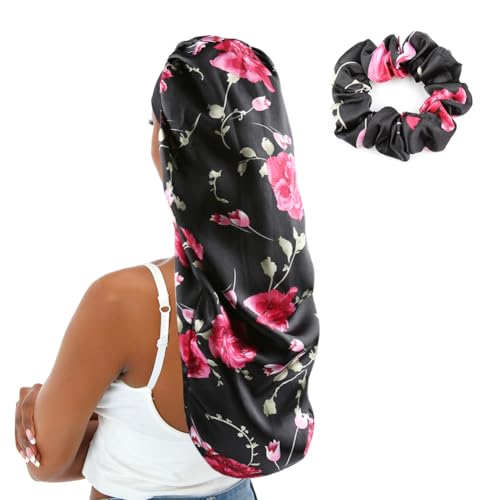 sent hair Extra Large Satin Bonnet Sleep Cap for Women, Double-Layer Silky Hair Bonnet with Tie Band for Braids/Curly/Long Hair - Black Floral