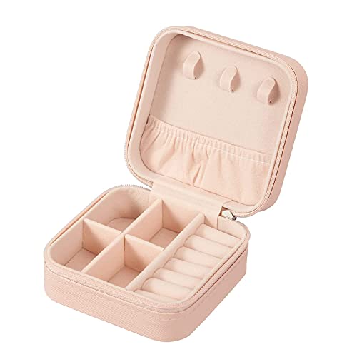 Image of Portable Travel Jewelry Box, Pink PU Leather Jewelry Organizer Case with Zipper, 10x10x5cm Storage Container for Rings, Earrings, Necklaces, Small Accessories