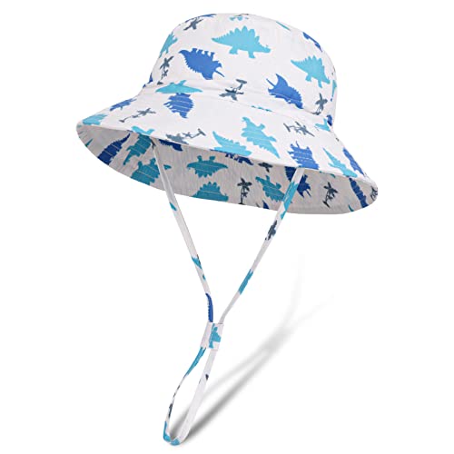 JUPSK Sombrero para el Sol para Niños, Sombrero de Cubo, Sombrero de Playa con Protección Solar, Sombrero de Aventura de Verano con Correa Ajustable, Patrón de Dinosaurio para 2-6 Años