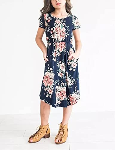 21KIDS Girl Maxi Dress Floral Short Sleeve Dresses with Pockets for Girls 6-14 Years2
