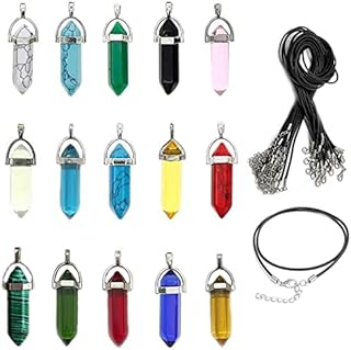 Morofme Set of 15 DIY Ball Shape Healing Point Chakra Pendant Hexagonal Quartz Crystal Ball Shape Stone Gemstone Pendant Beads for Necklace Jewellery Making with Black Leather Necklace, Quartz