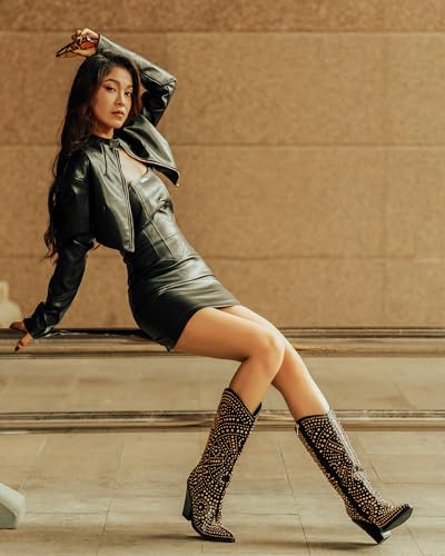 Image of iiimmu Womens Boots Pointed Toe and Chunky Heel Boots for Women Luxurious Studded Boots Tall Boots with Metallic Rivets, White /Black Size US 5-12