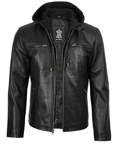 Image of fjackets Men Hooded Leather Jacket - Real Lambskin Men's Leather Jackets with Detachable Hood Outerwear